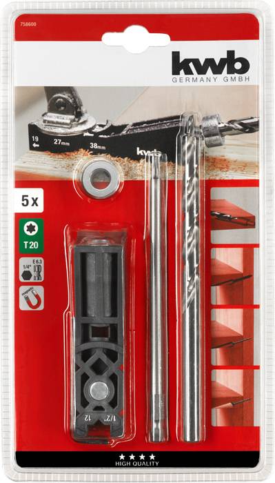 Werkzeug-Set mit Bohrern und Anbringungswerkzeug, ideal zur präzisen Befestigung von Regalen. Verpackt von 'kwb Germany GmbH.'