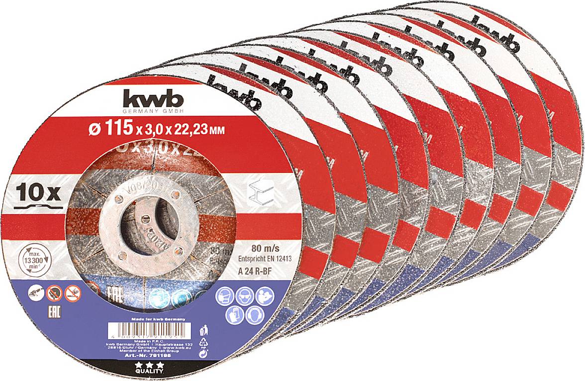 'kwb Germany' Schleifscheiben-Set, 10 Stück, Rotationsschleifscheiben, Ø115mm, 80m/s, für Winkelschleifer.