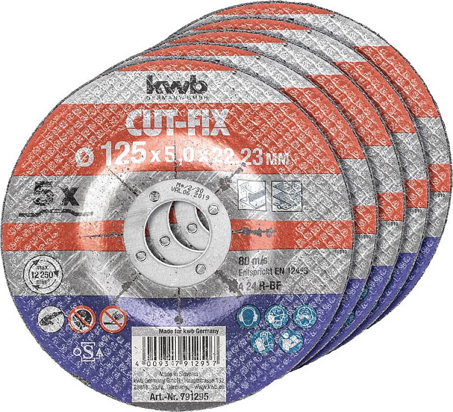 Eine Packung mit fünf rot-blauen Schleifscheiben 'CUT-FIX' mit dem Durchmesser von 125 x 5 mm, geeignet für Metallschneiden.