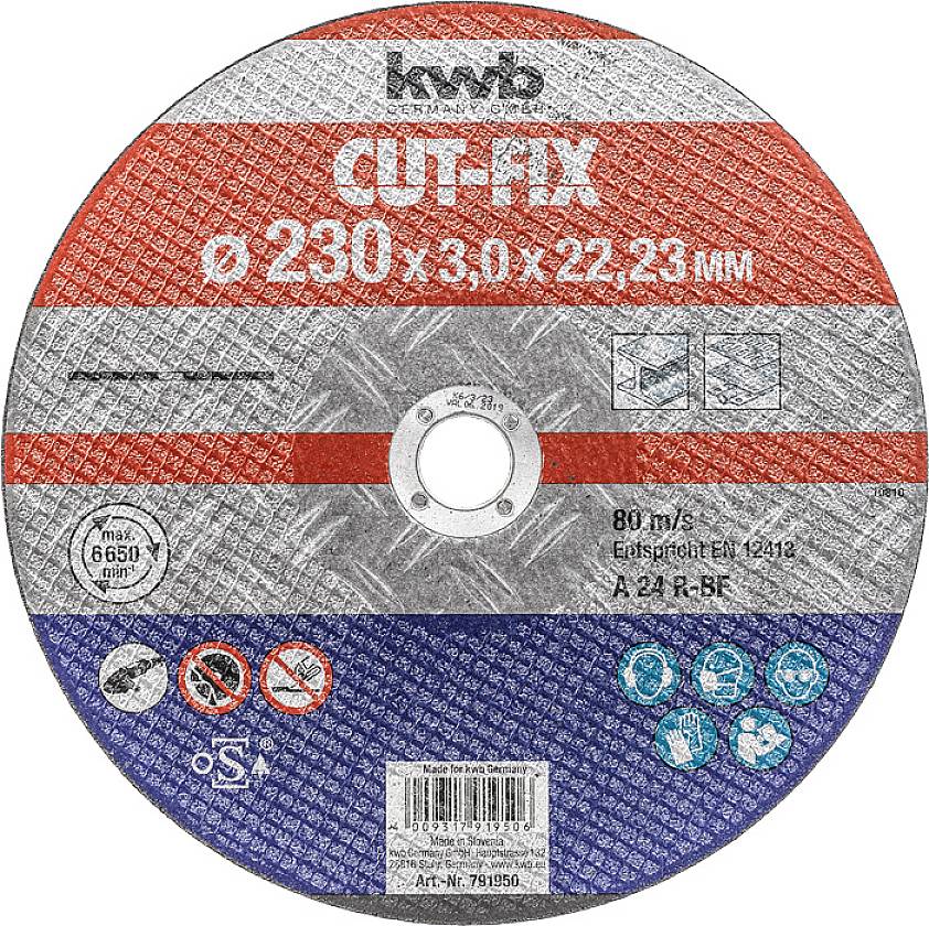 Schleifscheibe mit Aufschrift 'CUT-FIX Ø230 x 3,0 x 22,23 mm', geeignet für Metallschneiden. Herstellungsnorm: EN 12413.