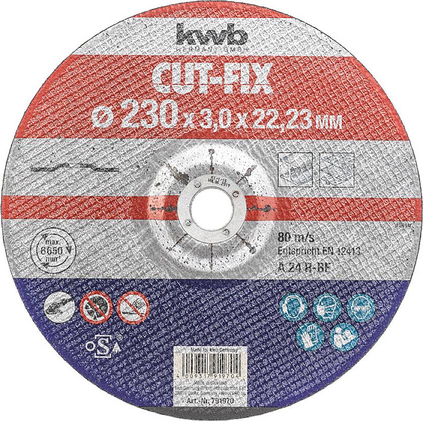 Trennscheibe mit der Aufschrift 'CUT-FIX Ø 230 x 3,0 x 22,23 MM'. Herstellername und technische Spezifikationen sind sichtbar.