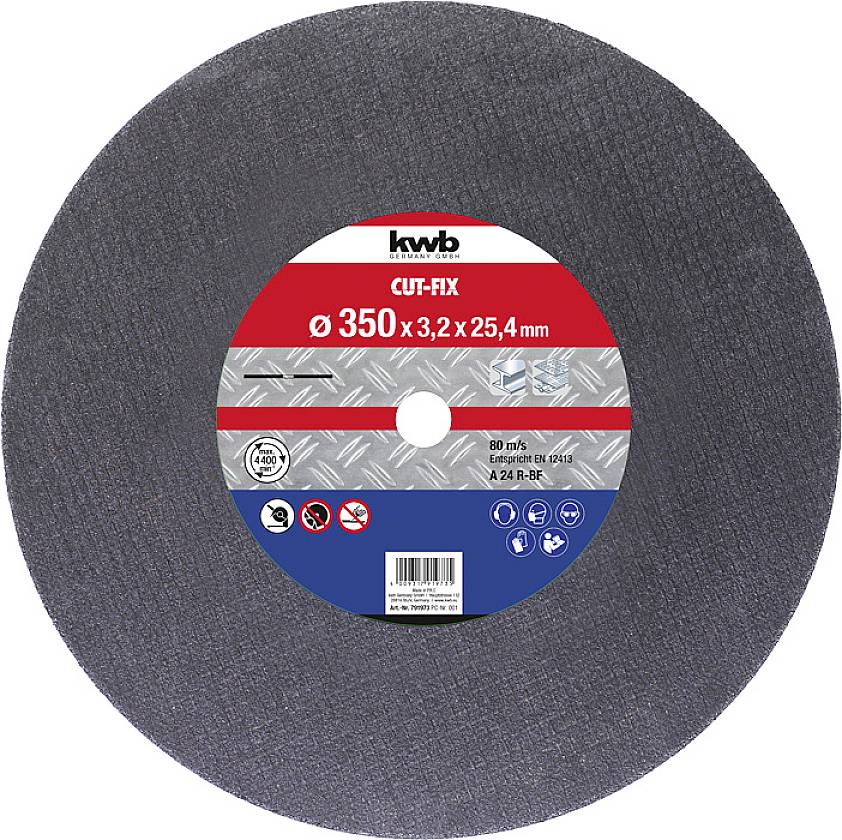 Ein Schleifblatt mit der Aufschrift 'CUT-FIX Ø 350 x 3,2 x 25,4 mm'. Geeignet für verschiedene Schneidaufgaben.