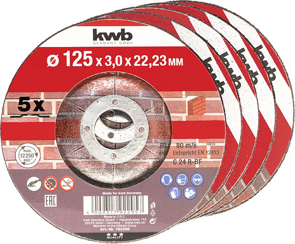 Fünf Trennscheiben mit Etikett 'Ø 125 x 3,0 x 22,23 MM', geeignet für Mauerwerk. Verpackung zeigt Produktspezifikationen.