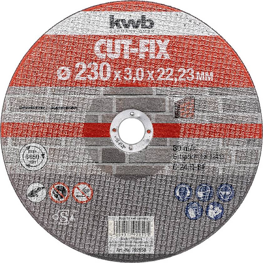 Schleifscheibe mit rotem und grauem Etikett, beschriftet mit 'CUT-FIX 230 x 3,0 x 22,23 mm' und Symbolen für Sicherheitshinweise.