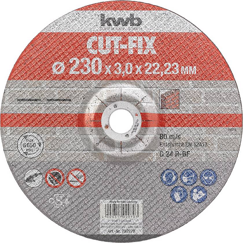 Schleifscheibe mit der Aufschrift: 230 x 3,0 x 22,23 mm. Max 80 m/s, entspricht EN 12413, C 24 R BF, für Metalltrennung geeignet.