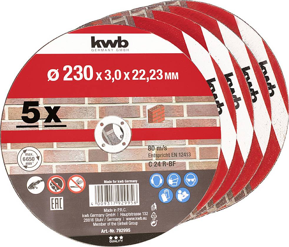 Fünf Schleifscheiben mit der Aufschrift 'Ø 230 x 3,0 x 22,23 mm'. Geeignet für maximal 80 m/s. Norm: EN 12413.