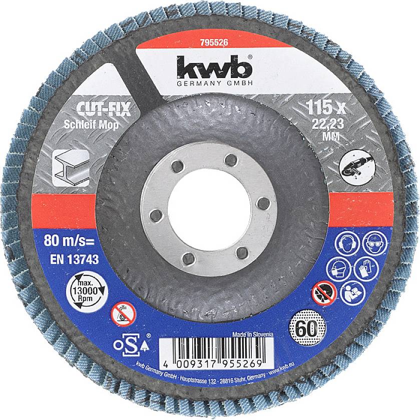 Kwb Schleifscheibe, 115 x 22,23 mm, maximale Drehzahl 13.000 U/min, 80 m/s, EN 13743 konform. Geeignet für Metallbearbeitung.