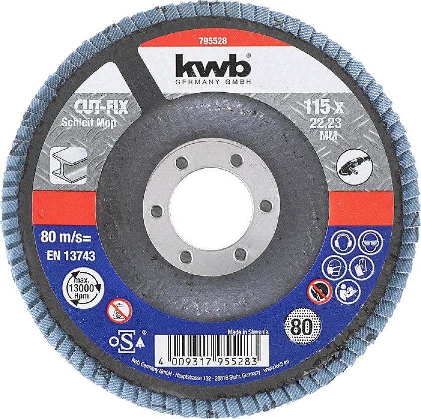 kwb 795528 CUT-FIX® Schleifmop, Lamellenschleifteller, Metallbearbeitung, ø 115 mm, K80 Durchmesser 115 mm