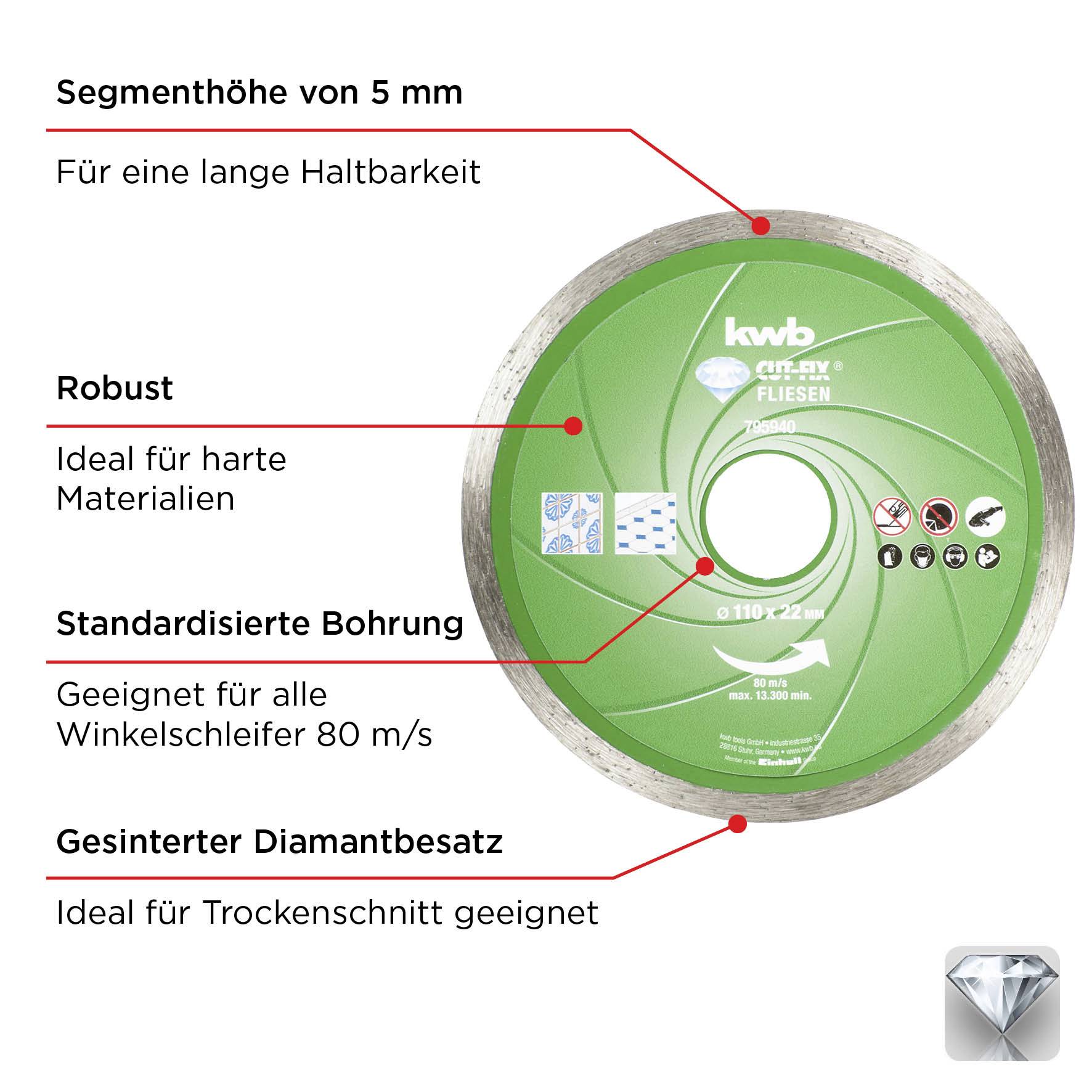 Kwb 795940 Diamanttrennscheibe Durchmesser 110mm Bohrungs-Ø 22mm Fliesen, Keramik 1St.