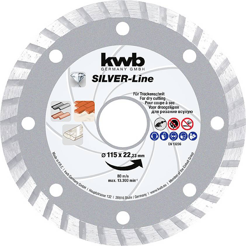 Schneidklinge 'SILVER-Line' von kwb für Trocken- und Nassschnitt, Durchmesser 115 mm, max. Drehzahl 13.300 RPM.