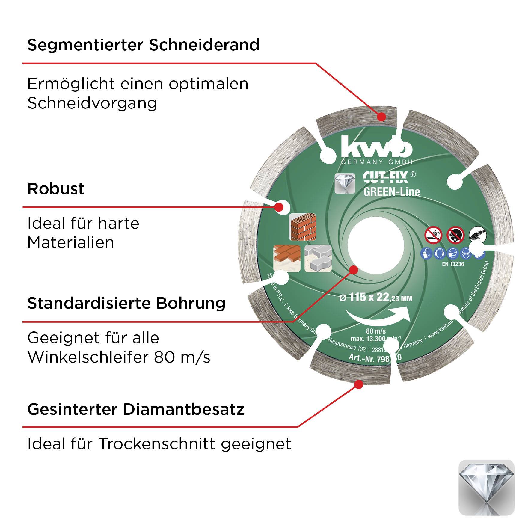 Kwb 798140 Diamanttrennscheibe Durchmesser 115mm Bohrungs-Ø 22mm 1St.