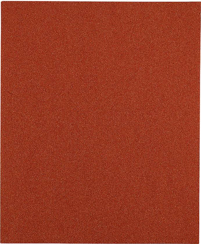 Ein rechteckiges, rotes Sandpapierblatt mit gleichmäßiger, körniger Textur, häufig zum Schleifen von Oberflächen verwendet.