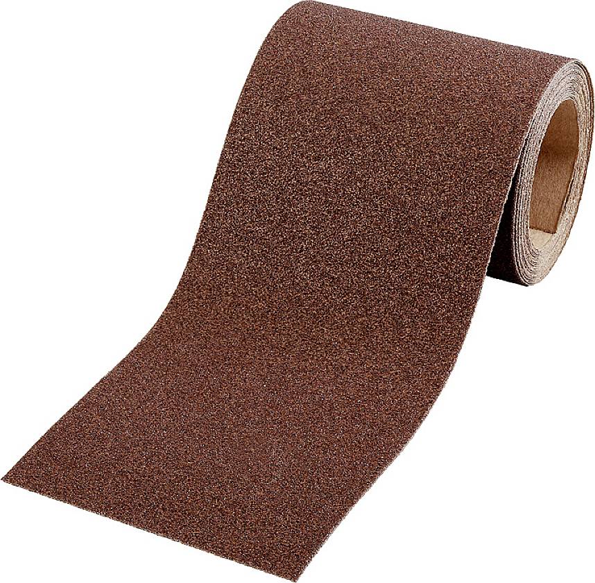 Eine Rolle Schleifpapier, braune Körnung, aufgewickelt, geeignet für Schleifarbeiten an Holz oder Metall.