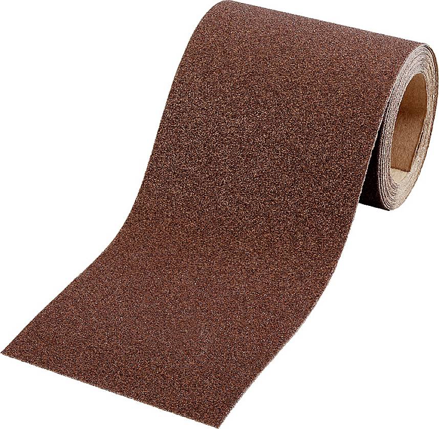 Ein braunes Schleifpapier auf einer Rolle. Es hat eine raue Oberfläche und wird zum Schleifen von Materialien wie Holz oder Metall verwendet.