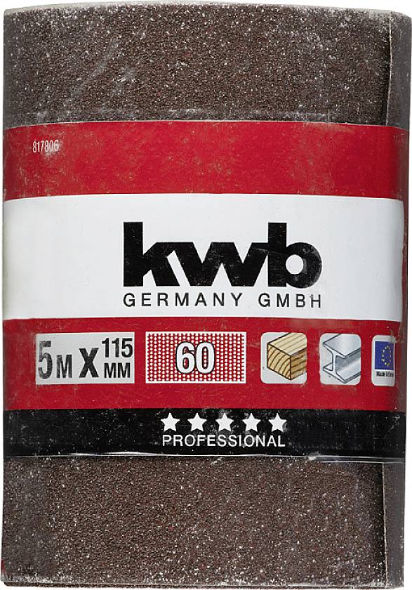 Schleifpapierrolle von KWB, 5 m x 115 mm, Körnung 60, geeignet für Holz, Metall und Lack, mit europäischem Gütesiegel.