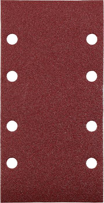 Rotes Schleifpapier mit je drei weißen Löchern in zwei vertikalen Reihen. Geeignet für Schleifarbeiten auf Holz oder Metall.