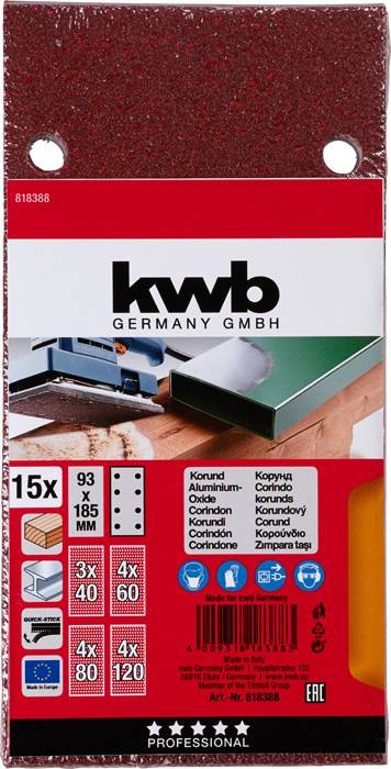 Kwb 818388 Schleifpapier Körnung (num) 40, 60, 80, 120 (L x B) 185mm x 93mm 15St.
