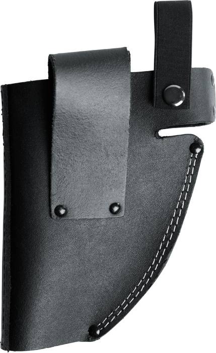 Schwarzes Lederholster mit Druckknopf und Nahtdetails, geeignet zur Befestigung an einem Gürtel; gedacht für das Tragen eines Werkzeugs.