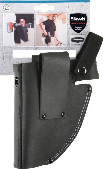 Schwarze Werkzeugtasche mit Gürtelhalterung, abgebildet mit Person, die einen Bohrer trägt. Verpackung betont 'Work Wear' mit robustem Design.