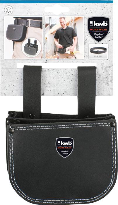 'KWB Work Wear' Werkzeugtasche, schwarze Tasche mit Logo, zwei Gürtelschlaufen. Verpackung zeigt Anwendung und Trageweise.