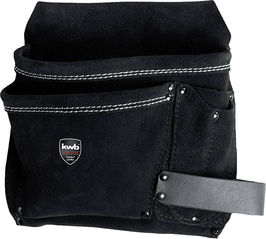 Schwarze Werkzeuggürteltasche aus Leder mit mehreren Fächern und weißen Ziernähten. Logo 'kwb' auf der Vorderseite.