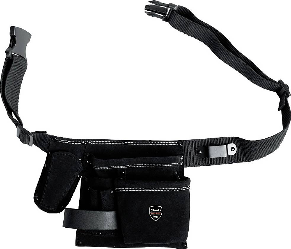 Gürteltasche aus schwarzem Stoff mit mehreren Fächern und einstellbarem Gurt.