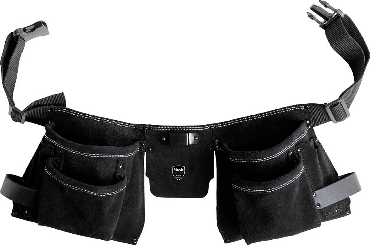 Schwarzer Werkzeuggürtel mit mehreren Taschen, geeignet für die Aufbewahrung von Werkzeugen während der Arbeit.