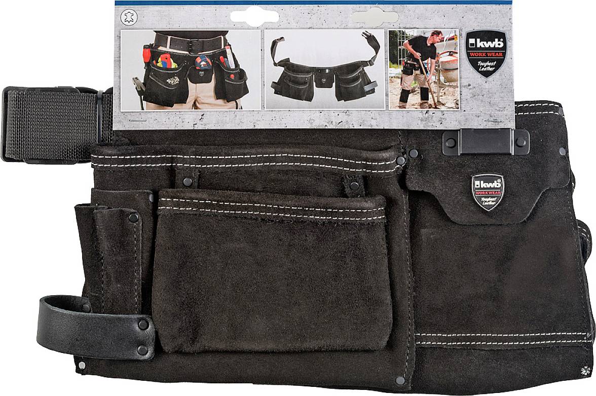 Ein schwarzer Werkzeuggürtel mit mehreren Taschen, geeignet für Handwerker. Verpackung zeigt den Gürtel in Gebrauch mit Werkzeugen.