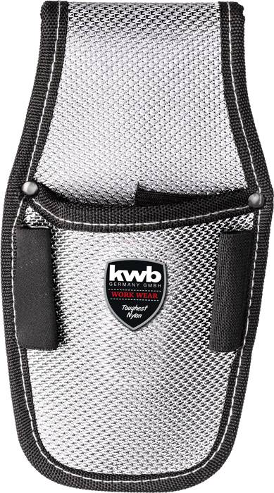 Silbernes, maschinell genähtes Werkzeugholster mit schwarzem Rand und Logoaufschrift 'kwb Work Wear'.
