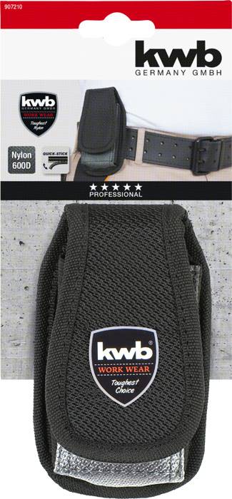 Nylon 600D, kwb PROFESSIONAL Gürteltasche. Robustes, schwarz-graues Design für Werkzeuge. Markenlogo und Gürtelclip sichtbar.