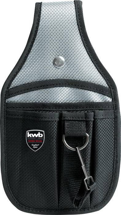 Werkzeugtasche aus schwarzem Stoff und grauem Kunstleder, mit mehreren Fächern und einem Metallring zur Befestigung von Werkzeugen.