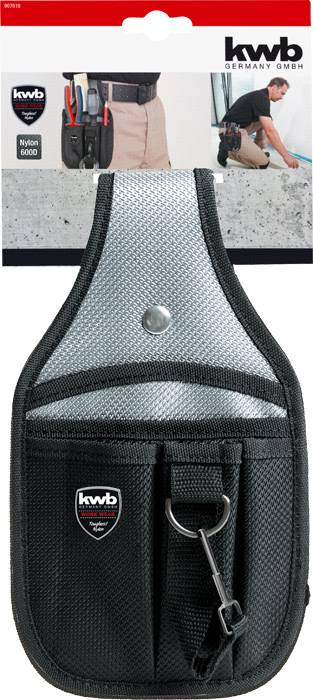 Werkzeughalter aus robustem Material mit mehreren Fächern. Eine Abbildung zeigt den Halter in Gebrauch an einem Gürtel. Markenname 'kwb'.