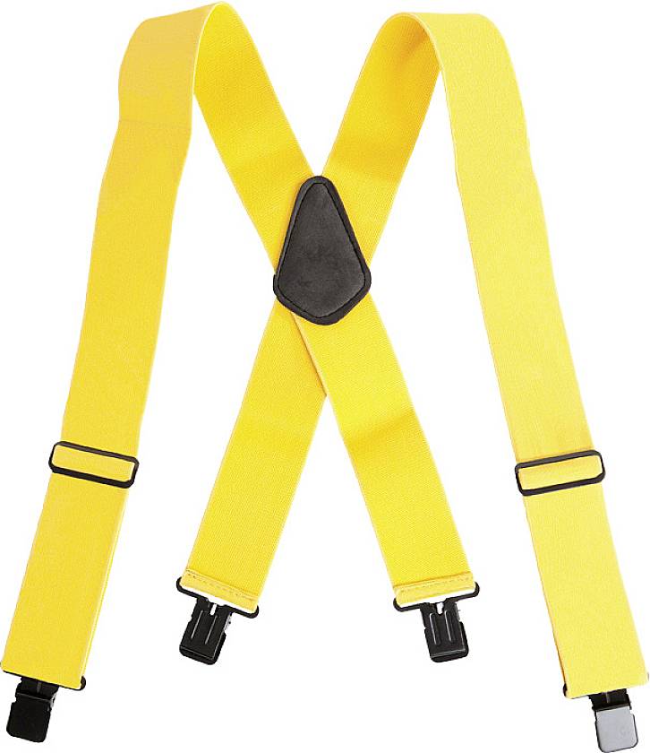 Gelbe Hosenträger mit schwarzem Dreieck im Rückenbereich. Verstellbare Schnallen und Clips an den Enden.