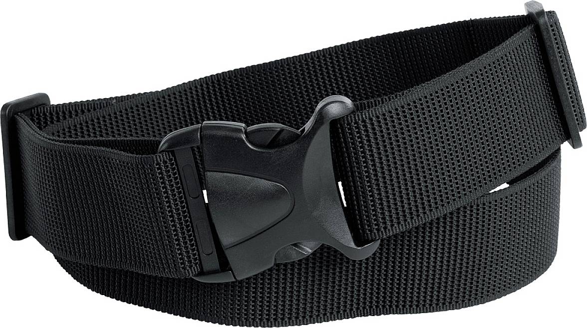 Schwarzer Gürtel mit Steckverschluss aus Kunststoff, aus robustem Gewebe, geeignet für taktische oder Outdoor-Aktivitäten.