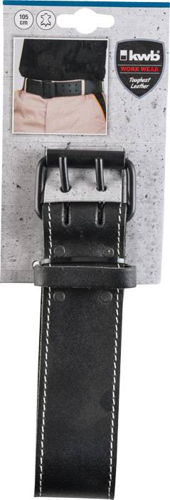 Ein schwarzer Ledergürtel mit heller Kontrastnaht, verpackt auf einer Pappe mit Foto einer Person, die den Gürtel trägt. Markierung 'KWB Work Wear'.