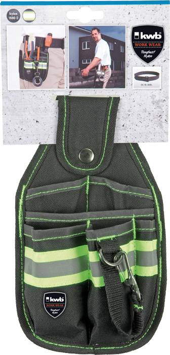 Werkzeugtasche mit grün-schwarzem Design, mehreren Fächern und Haken. Verpackung zeigt Anwendung am Gürtel, Bild von einem Arbeiter.