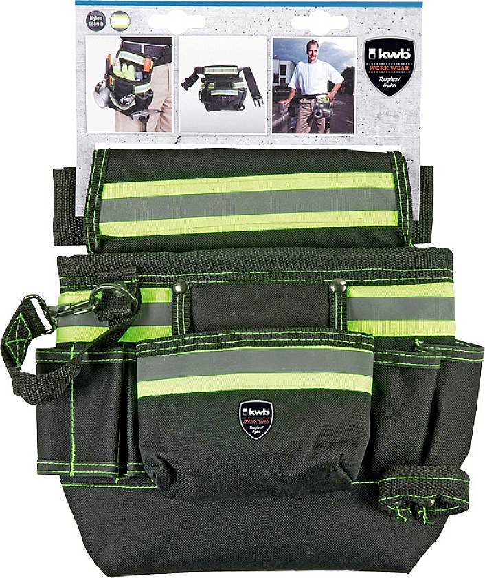 Schwarze Werkzeugtasche mit grünen Streifen und mehreren Taschen, abgebildet mit Anwendungsbeispielen und Tragekomfort im Hintergrund.