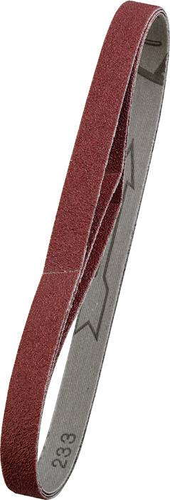 Rotes Schleifband in ovaler Form, geeignet für Schleifmaschinen, zeigt raue Oberfläche und ist für den Gebrauch in der Holzbearbeitung oder Metallbearbeitung bestimmt.