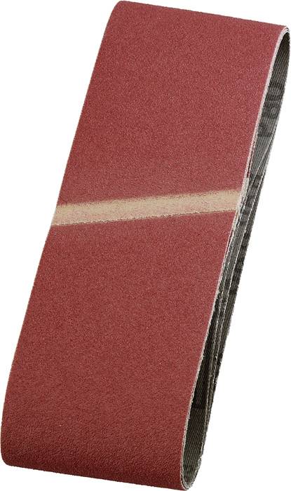 Schleifband in Rot, oval geformt, mit beiger Naht in der Mitte. Ideal für Schleifarbeiten an Holz oder Metall.