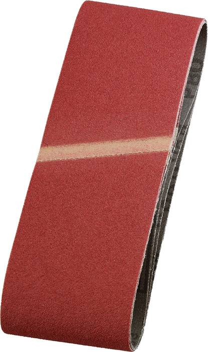 Ein rotes Schleifband in Schlaufenform, geeignet für Schleifmaschinen, zeigt eine feine, sandartige Textur.