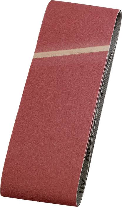 Ein rotes Schleifband mit einer beigen Naht in der Mitte, diagonal angeordnet. Verwendet für Schleifgeräte zum Glätten von Oberflächen.