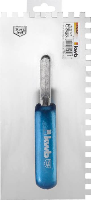 Handfeile mit blauem Griff, verpackt auf Karton mit Aufhängeöse. Markenname 'kwb' sichtbar auf Griff und Verpackung.