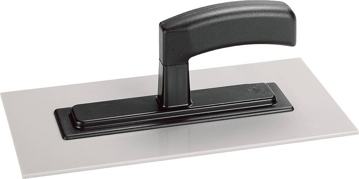 Eine schwarze Kunststoffglättkelle mit rechteckiger, glatter Fläche und ergonomischem Griff, geeignet für das Verarbeiten von Putz.