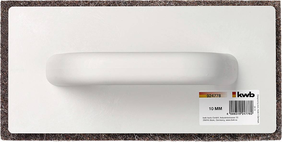 Handreibebrett mit braunem Griff und Etikett, das 'kwb' und '10 MM' zeigt, auf weißem Hintergrund.