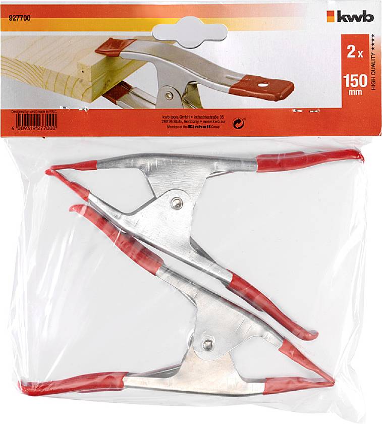 Verpackung mit zwei Metallfederzwingen mit roten Griffen, geeignet für Holzarbeiten. Länge: 150 mm.