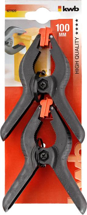 Zwei schwarze Kunststoffklemmen mit orangenen Griffen, aufgehängt auf einer Verpackung mit der Aufschrift 100 MM und KWB.