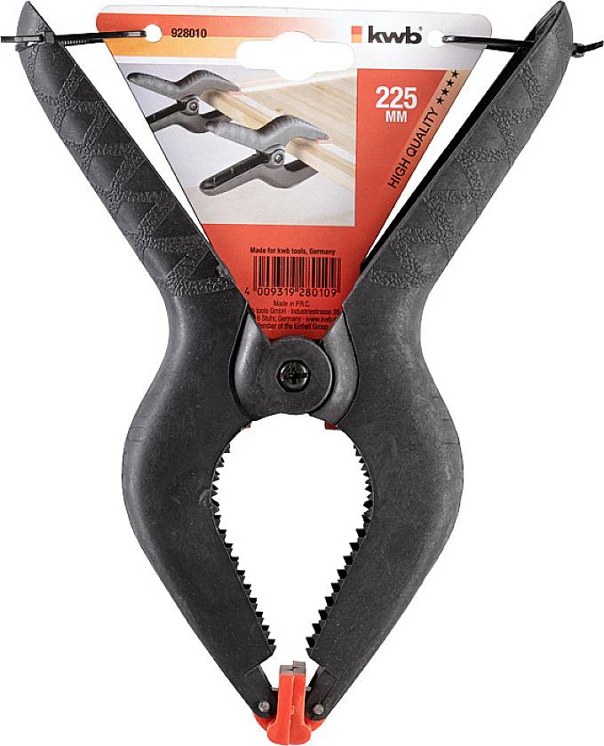 Klemmenzange von KWB aus robustem Kunststoff, 225 mm groß, ideal zum Fixieren von Werkstücken. Abgebildet in Verkaufsverpackung.