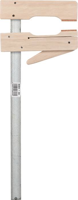Holz-Handzwinge mit Metallstange, verwendet zum Festspannen von Werkstücken in Tischlerarbeiten. Holzgriff, Metallführung.