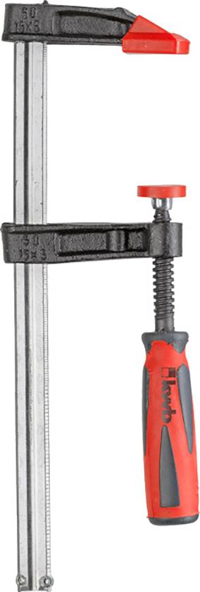 Eine rote und schwarze Schraubzwinge mit einem metallischen Schiene und einem großen Griff zum Anziehen.