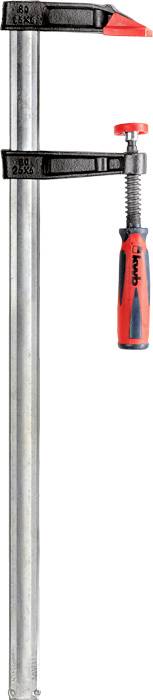 Einhandzwinge mit rot-schwarzem Griff und Metallstange. Ideal zum Fixieren und Halten von Werkstücken in der Holzbearbeitung.